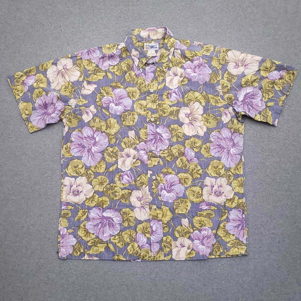 Vintage Reyn Spooner Hawaiian Shirt Mens L All Over Reverse Print Flowers USA